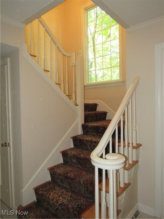 staircase featuring crown molding and a wealth of natural light