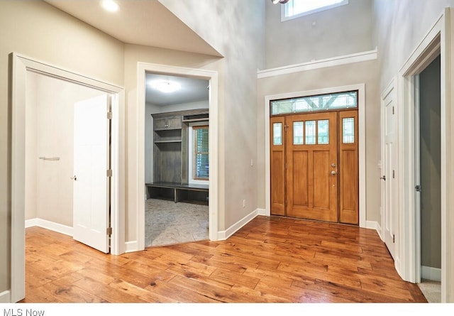 entryway featuring a high ceiling and light hardwood / wood-style floors