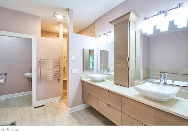 bathroom with vanity, hardwood / wood-style flooring, and walk in shower