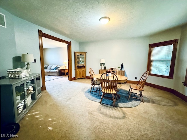 carpeted dining room with a textured ceiling