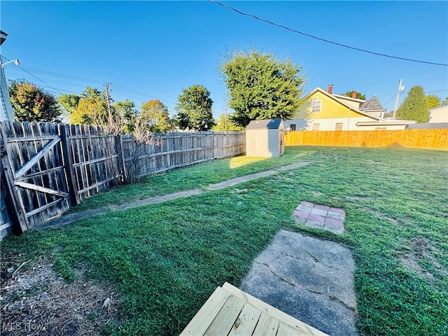 view of yard featuring a storage shed