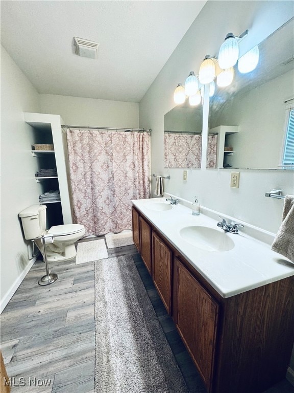 bathroom with wood-type flooring, vanity, and toilet