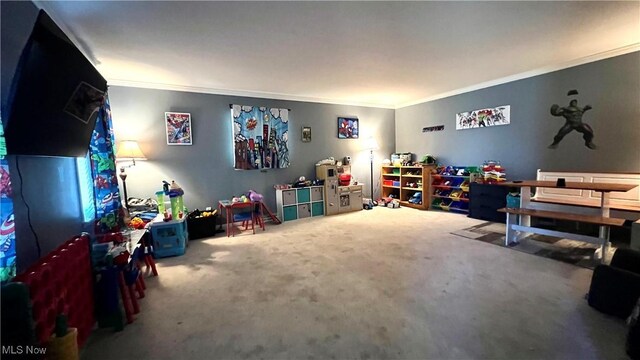 game room with crown molding and carpet floors