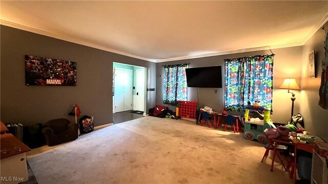 interior space featuring carpet and ornamental molding