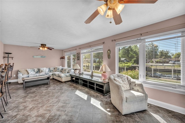 1909 N Nan Ave, Lakeside-Marblehead, OH 43440 - living room with a ceiling fan, a textured ceiling, and baseboards