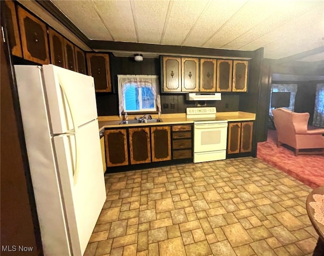 kitchen featuring white appliances, sink, and dark brown cabinetry