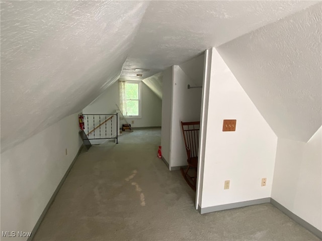 additional living space with light carpet, lofted ceiling, and a textured ceiling