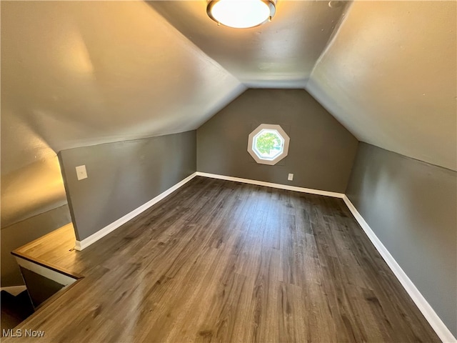 additional living space featuring vaulted ceiling and dark hardwood / wood-style flooring