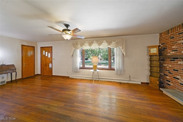 unfurnished living room with baseboard heating, ceiling fan, and dark hardwood / wood-style floors