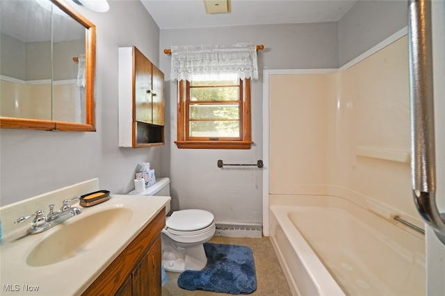 full bathroom featuring toilet, tub / shower combination, and vanity