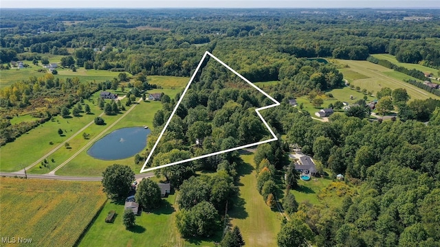 aerial view featuring a water view and a rural view