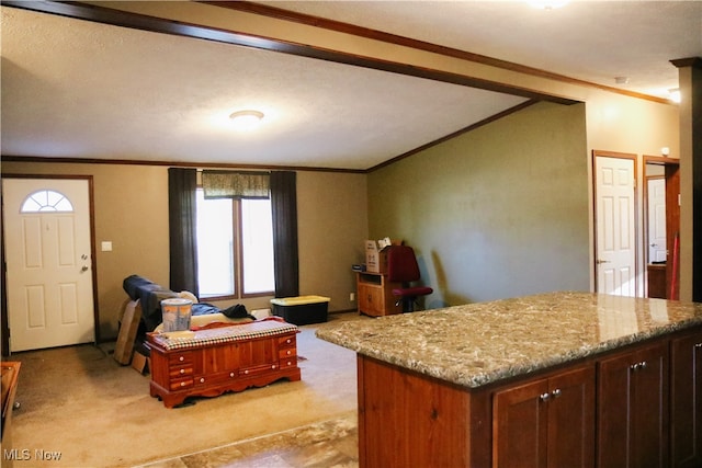 interior space featuring vaulted ceiling, ornamental molding, and a textured ceiling