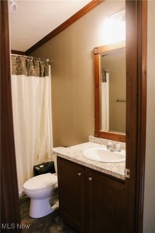 bathroom featuring vanity, crown molding, curtained shower, and toilet