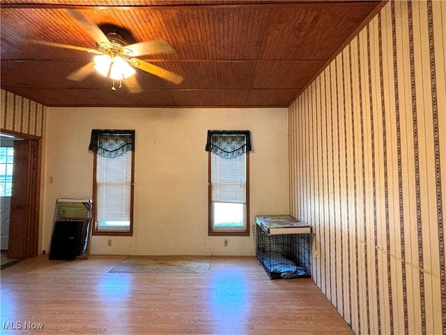 unfurnished living room featuring ceiling fan, light hardwood / wood-style floors, and wooden ceiling