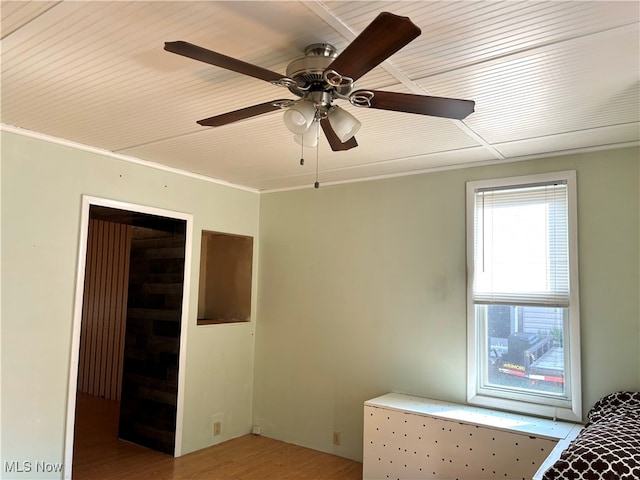 unfurnished bedroom with hardwood / wood-style floors, a walk in closet, a closet, ceiling fan, and ornamental molding