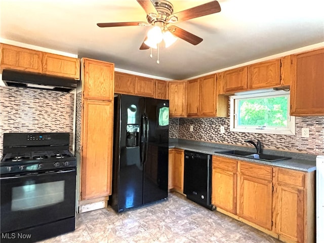 kitchen with black appliances, sink, ventilation hood, decorative backsplash, and ceiling fan