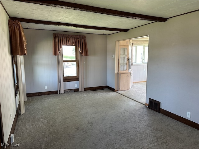 spare room featuring plenty of natural light, carpet, and beamed ceiling