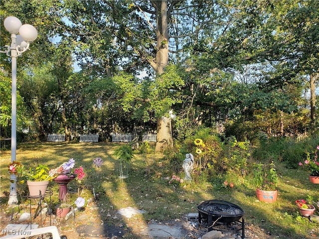 view of yard featuring an outdoor fire pit