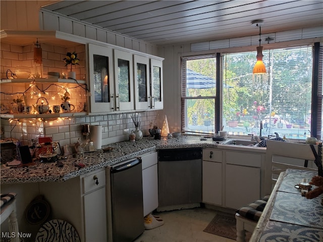 kitchen with dishwasher, sink, hanging light fixtures, wood ceiling, and white cabinets