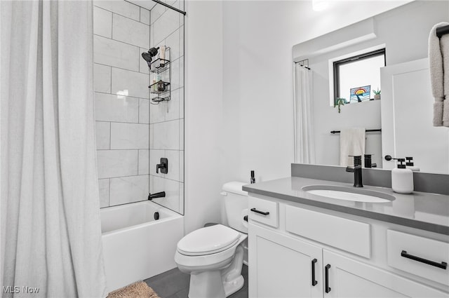 full bathroom featuring toilet, shower / tub combo with curtain, vanity, and tile patterned floors