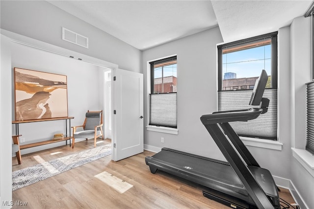 workout area featuring light hardwood / wood-style floors