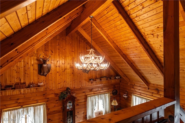 room details featuring wooden ceiling, beamed ceiling, a chandelier, and wood walls