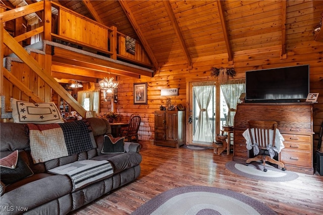 2207 Veto Rd, Vincent, OH 45784 - living area featuring wood ceiling, a chandelier, wood finished floors, wooden walls, and stairway