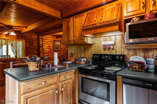 kitchen with wood walls, stainless steel appliances, beam ceiling, and wooden ceiling