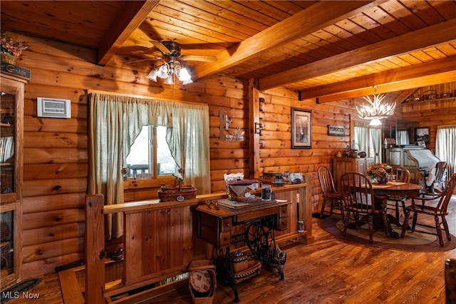 interior space with hardwood / wood-style floors, ceiling fan with notable chandelier, beamed ceiling, and wooden ceiling