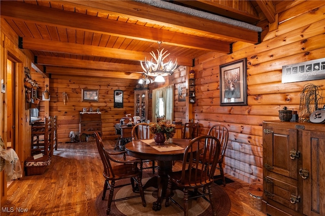 dining area with wooden ceiling, beamed ceiling, hardwood / wood-style flooring, and a notable chandelier