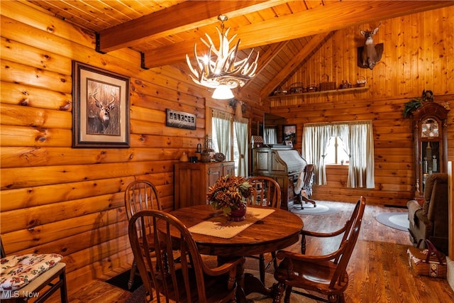 dining room featuring lofted ceiling with beams, wood ceiling, wood-type flooring, and an inviting chandelier