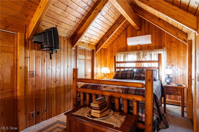 carpeted bedroom featuring wood ceiling, wooden walls, a wall mounted air conditioner, and vaulted ceiling with beams