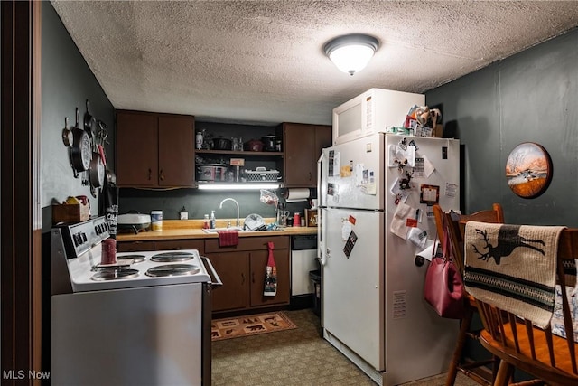 2207 Veto Rd, Vincent, OH 45784 - kitchen featuring white appliances, a sink, open shelves, a textured ceiling, and dark brown cabinetry