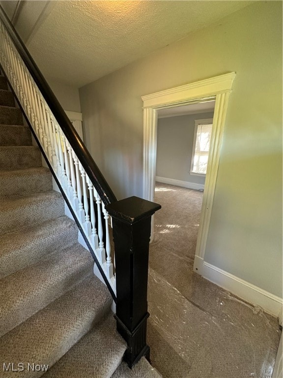 staircase featuring a textured ceiling and carpet