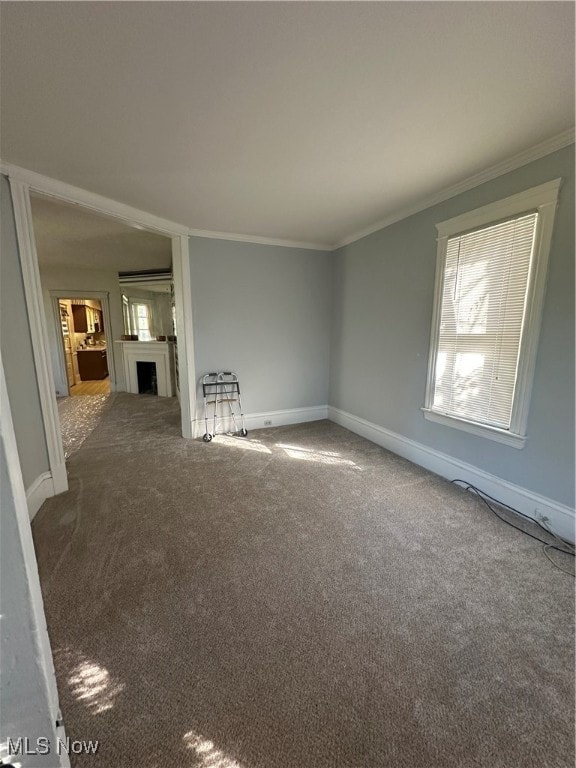 unfurnished living room featuring ornamental molding and carpet floors