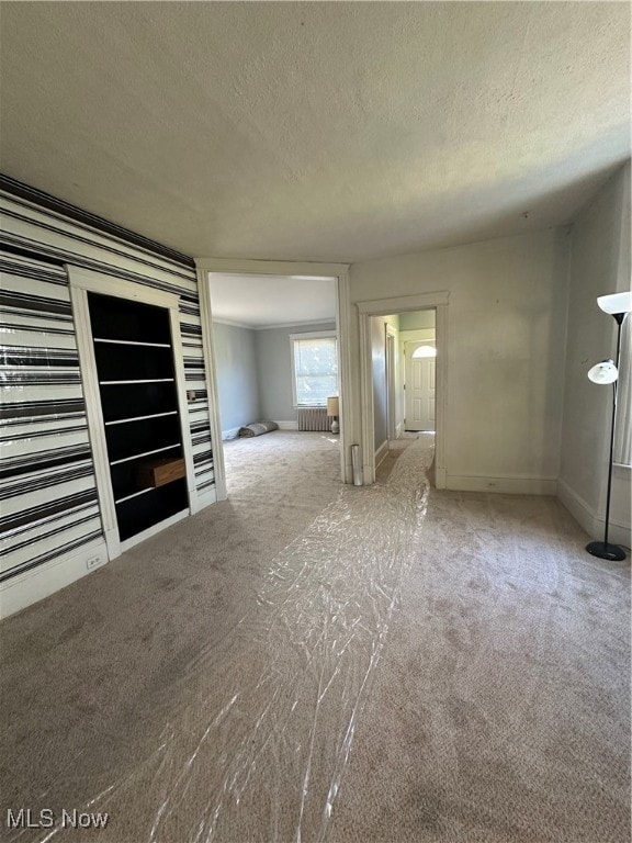 interior space with a textured ceiling and light colored carpet