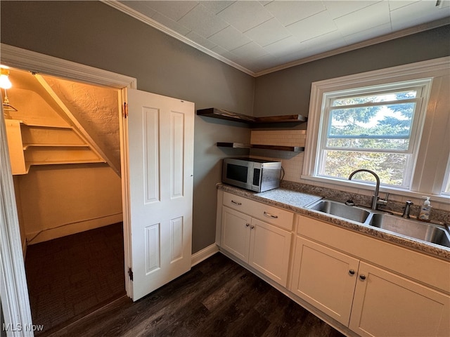 kitchen with crown molding, sink, dark hardwood / wood-style flooring, and white cabinets