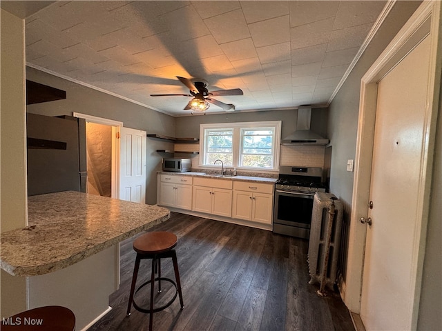 kitchen featuring ceiling fan, wall chimney exhaust hood, dark wood-type flooring, appliances with stainless steel finishes, and a kitchen bar