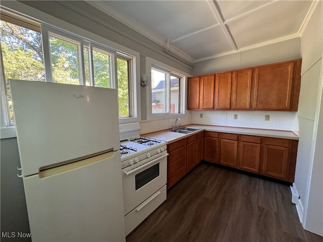 kitchen featuring dark hardwood / wood-style floors, crown molding, white appliances, and sink