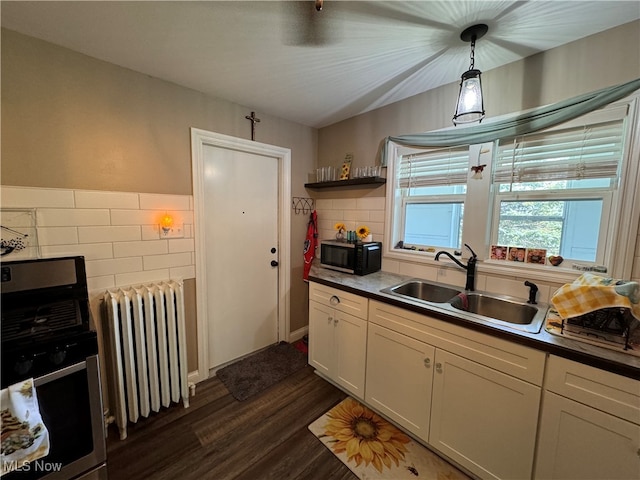 kitchen with decorative backsplash, radiator heating unit, decorative light fixtures, dark hardwood / wood-style floors, and sink