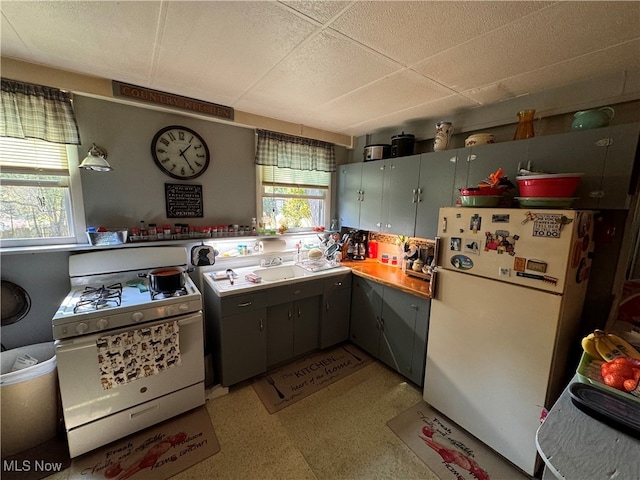 kitchen featuring white appliances, plenty of natural light, and a paneled ceiling