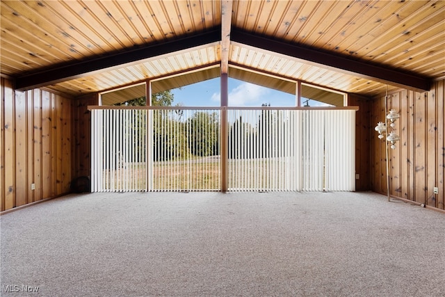 interior space featuring lofted ceiling with beams, wood ceiling, and wooden walls