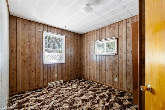 spare room with plenty of natural light, wood walls, and carpet