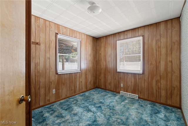 carpeted empty room featuring wood walls