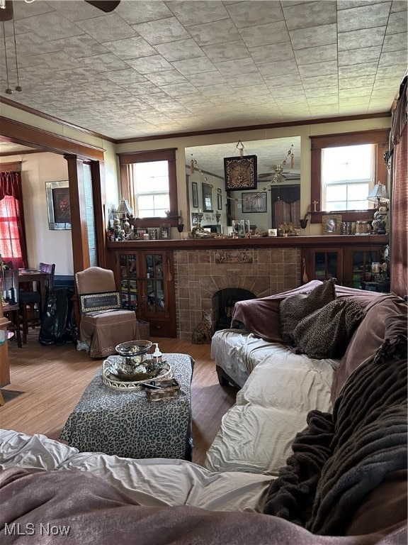 living room featuring a fireplace, hardwood / wood-style flooring, and a healthy amount of sunlight