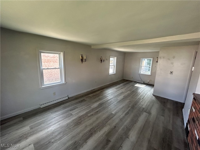 spare room with a baseboard heating unit, plenty of natural light, and dark hardwood / wood-style flooring