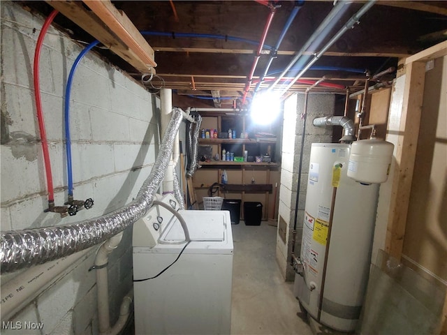 basement with water heater and separate washer and dryer