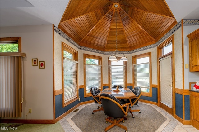 dining room featuring wood ceiling and a chandelier