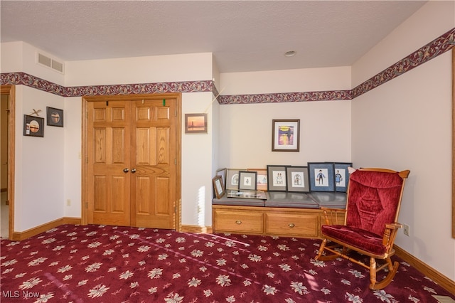 sitting room with a textured ceiling and carpet floors