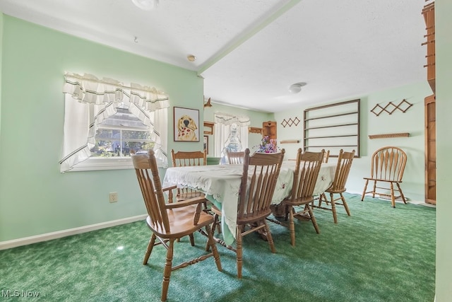 carpeted dining area with a textured ceiling and plenty of natural light